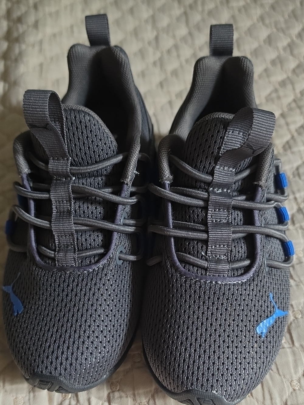 Puma Gray Knit Sneakers with Blue Logo Accents